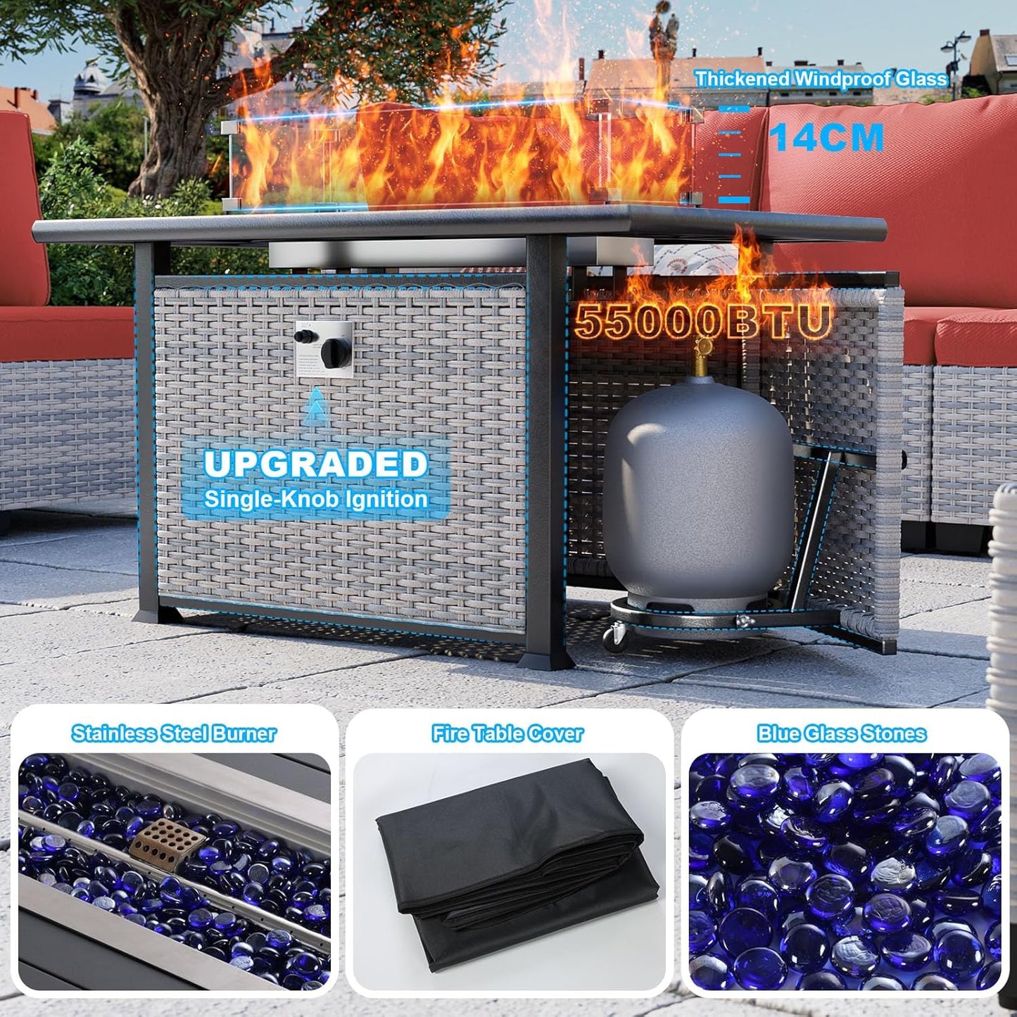 15-Piece Patio Furniture Set, Outdoor Patio Furniture with 55,000 BTU Fire Pit Table, Thick Cushions, Modular Patio Sofa, Dual-Strand Wicker Rattan, Rust-Resistant Frame, Red