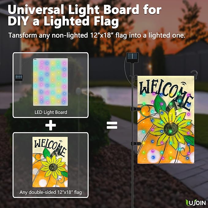 DIY Solar Garden Flag Stand with 5 Holiday Flags, Universal LED Board for DIY a Lighted 12"x18" Flag, Including Valentines Day, Easter Day, Halloween, Thanksgiving Day & Christmas Flags