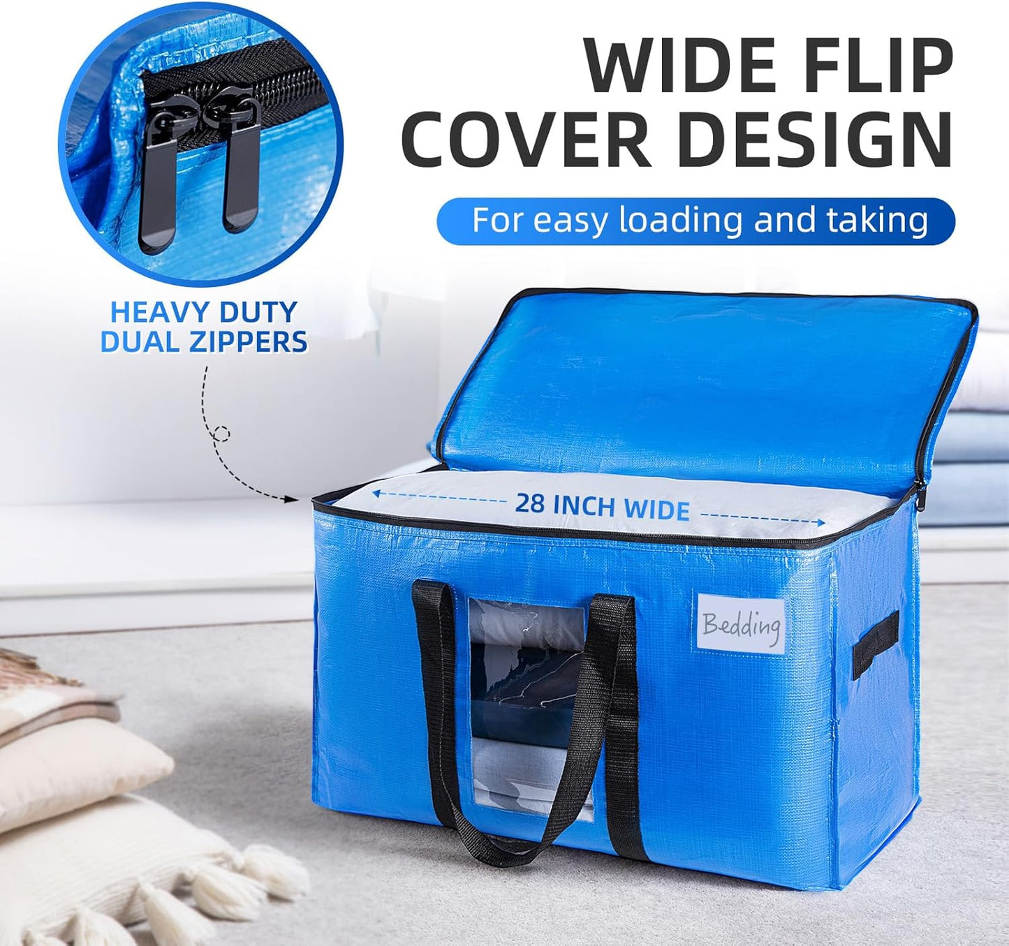 TAILI Extra Large Moving Bags, 4 Pack Blue Heavy Duty Totes For Storage with Visible Window, Wrap Around Handles, Storage Bags for Space Saving, Alternative to Moving Boxes