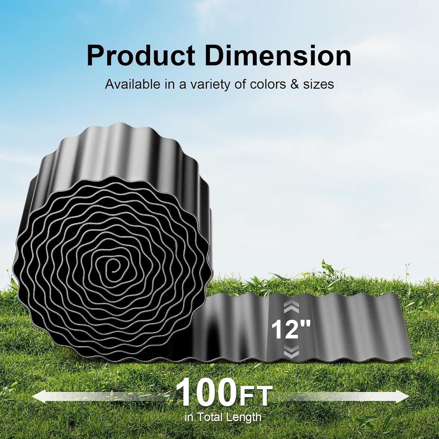 Land Guard Corrugated Garden Edging Border, 12" x 100' Landscape Paver Edging, Tall Landscape Edging, Fence for Garden, Flower Bed, Lawn and Landscape Edging (Glossy Black)