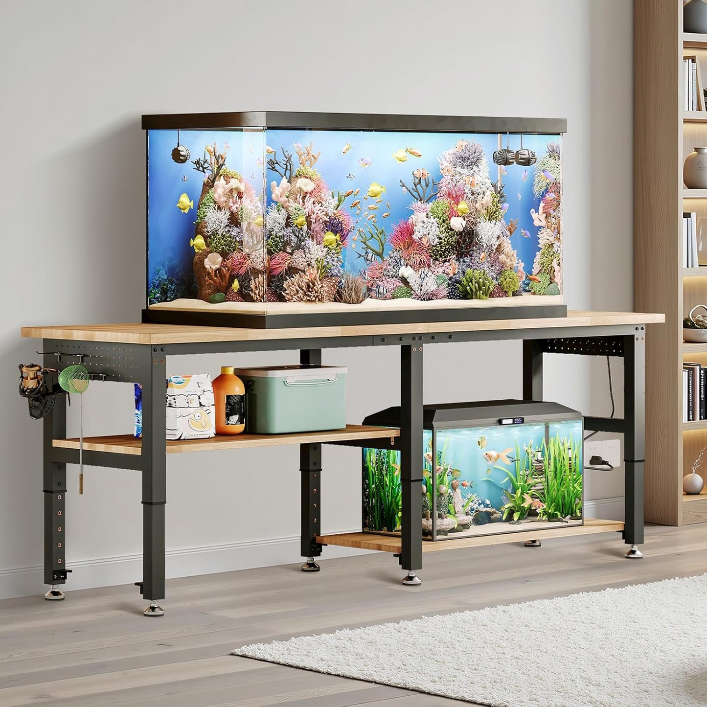 Albott 96" Adjustable 2-Tier Workbench with Solid Wood Top, Max 2000lbs Capacity, Built-in Power Strip with 4 AC Outlets & 2 USB Ports, Pegboard & 20 Hooks, Shop Garage Office