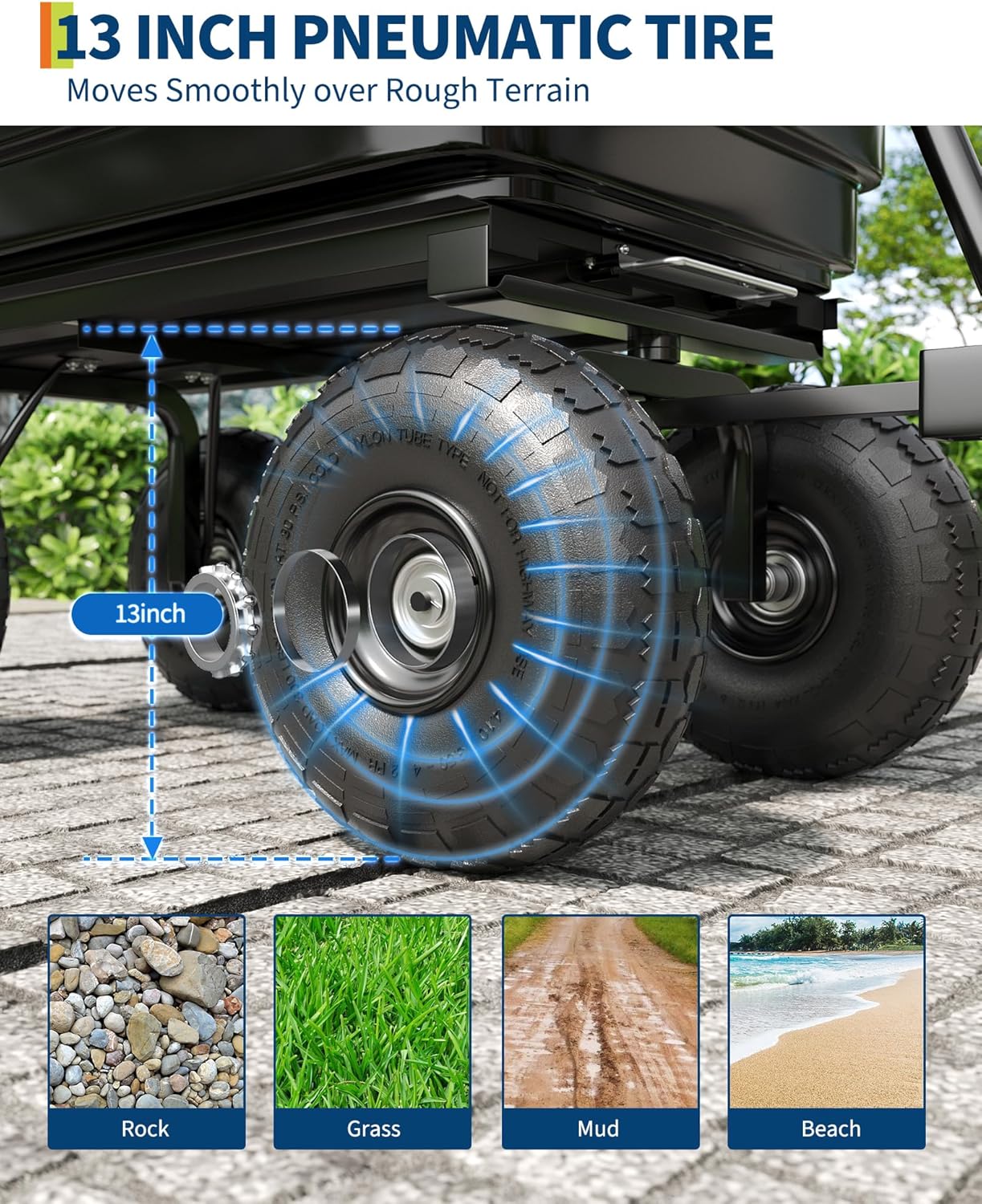 Poly Dump Cart - Heavy Duty 1200lbs Garden Cart with Quick-Release Dumping & No-Flat 13" Tires, Utility Wagon for Yard Work, Landscaping, Gardening