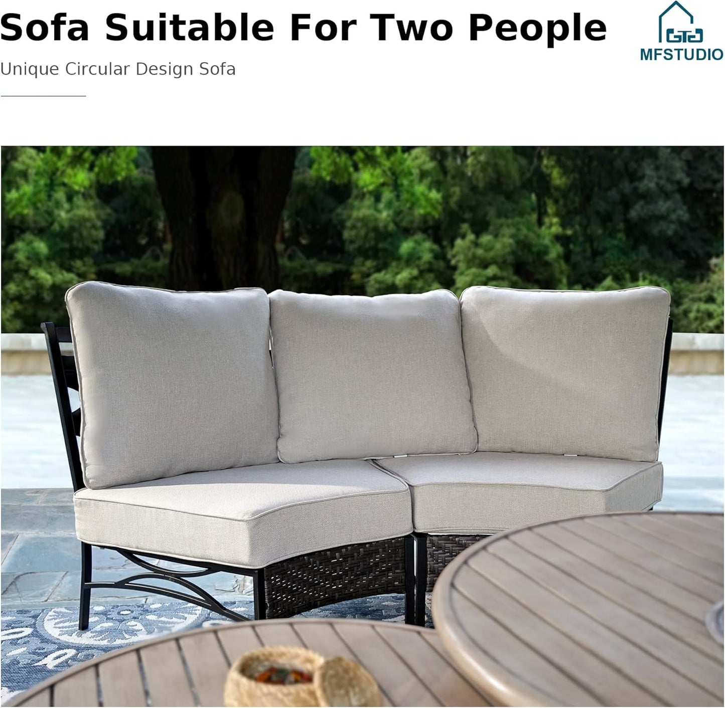 MFSTUDIO Patio Furniture Set, 8 Seats Half-Moon Curved Outdoor Sectional Sofa Conversation Set with 2 Wood-Like Round Table, Woven Rattan Patio Couch for Backyard, Garden, Deck