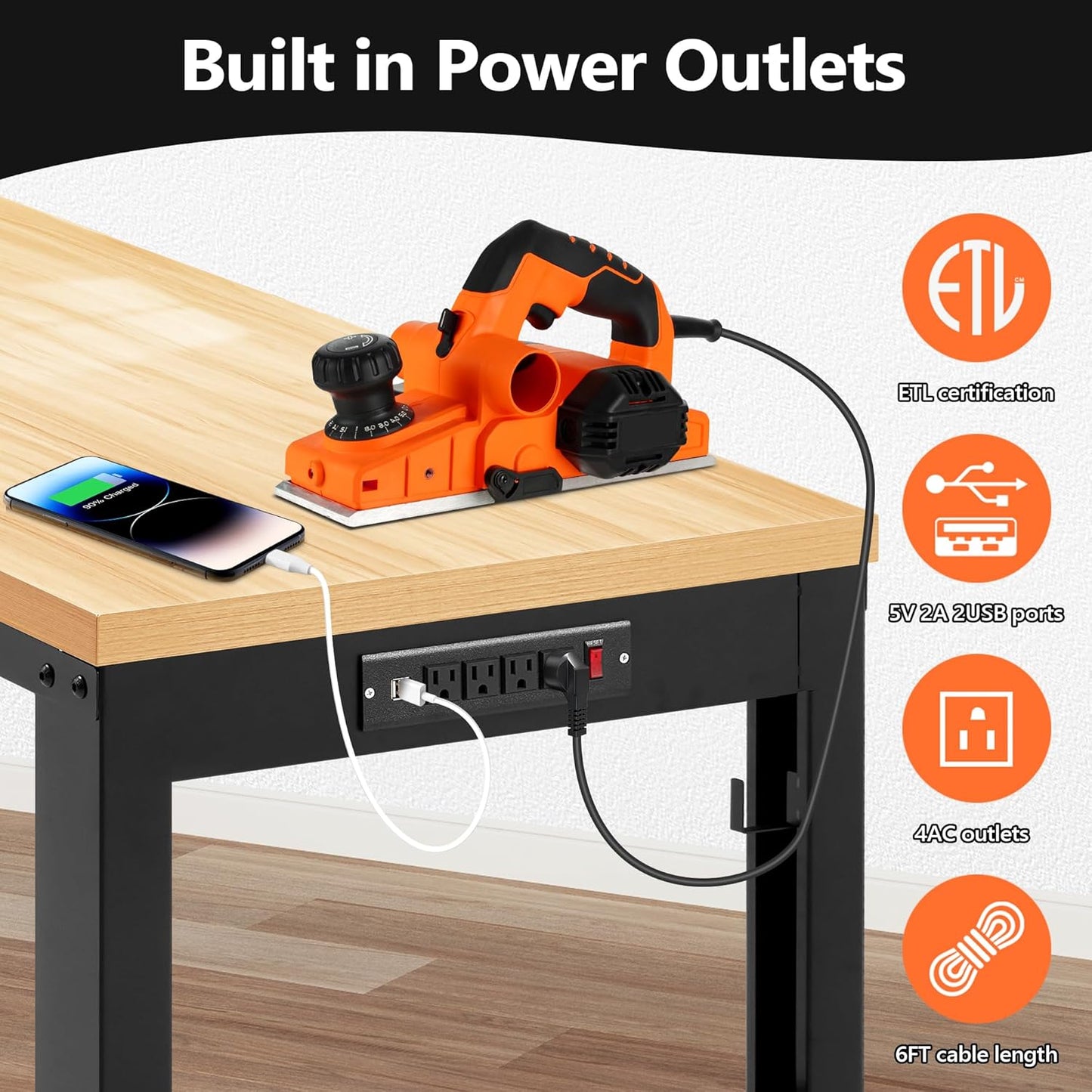 60” Adjustable Workbench，Heavy Duty Wood Work Bench 2000 Lbs Load Capacity,Work Table with Power Outlet and Wheels for Garage, Workshop, Office, Home