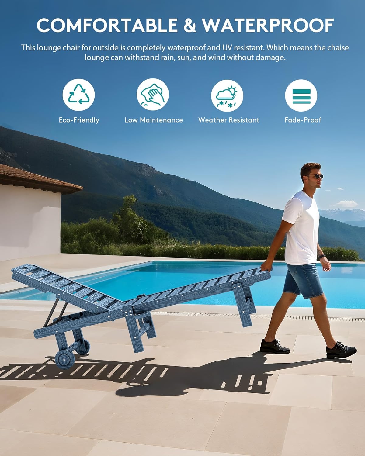SERWALL Patio Chaise Lounge Set of 2, Outdoor Lounger with Cup Holder and Rolling Wheels, HDPE Pool Chaise for Poolside, Deck, Sunbathing, Blue