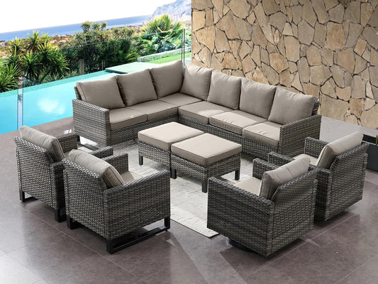 HUMMUH 8 Piece Patio Furniture All Weather 6-Seater Outdoor Sectional Sofa with Patio Swivel Chairs and Outdoor Chairs Ottomans for Porch,Garden,Backyard,Deck