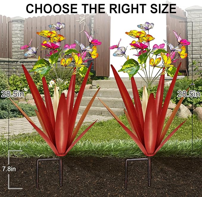 Garden Outdoor Butterfly Enlarge Thickened Wind Resistant Metal Agave Garden Art Metal Plant Country Sculpture Statue Decorations Ornaments Artificial Waterproof Butterflies(red 3pcs)
