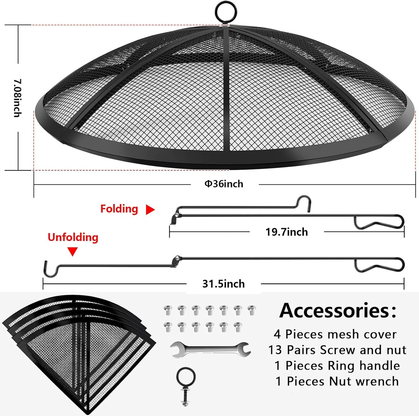 Fire Pit Spark Screen, Fire Pit Screen 36 Inch Round with Handle & Poker, Collapsible Heavy Duty Mesh Fire Pit Cover Fire Pit Lid for Outdoor/Patio/Backyard/RV Camping/Beach