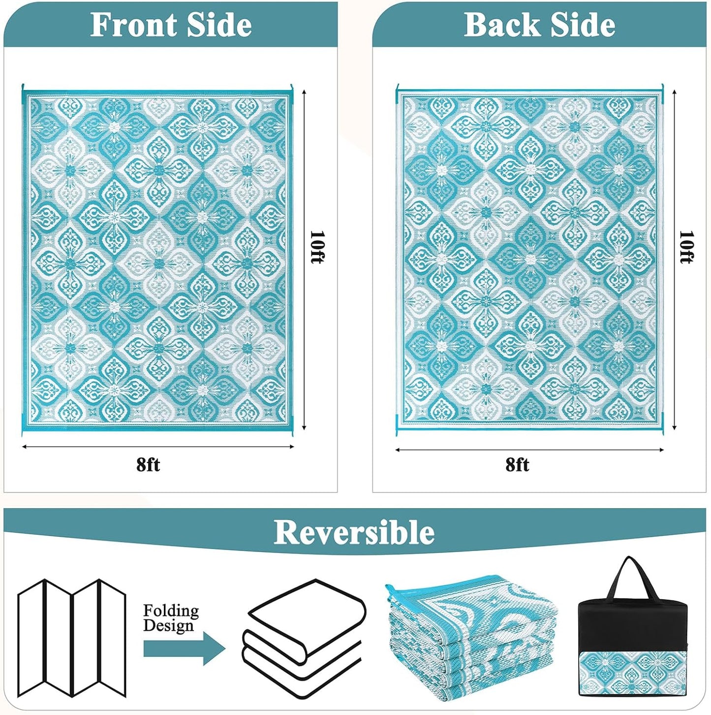 Pauwer Waterproof Outdoor Rug 8x10, Reversible Plastic Straw Patio Camping Rug, Indoor Outdoor RV Mat Carpet for Deck, Camper, Porch, Balcony, Backyard, Picnic, Clover Teal