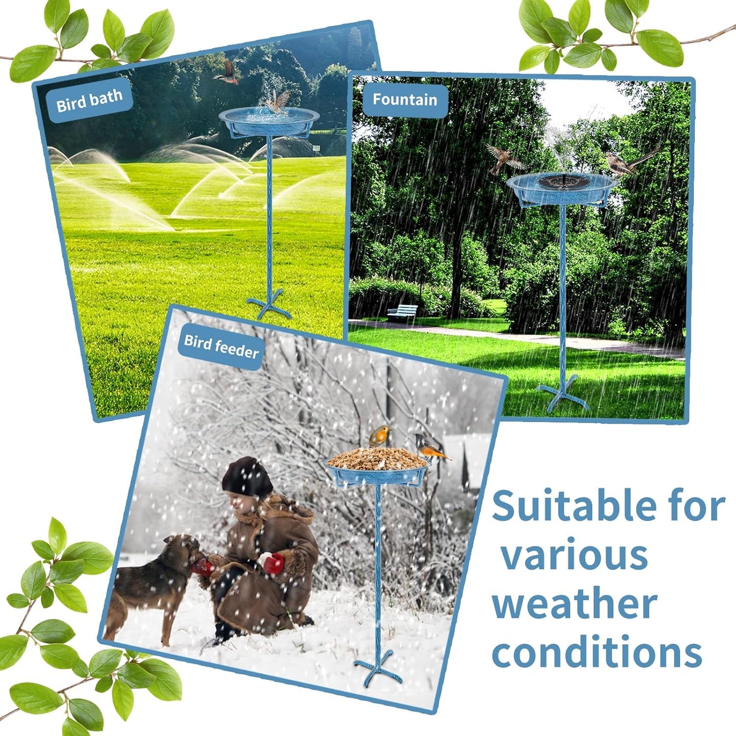 Metal Bird Bath for Outside, 36.2" Height Birdbath Bowl Standing Bird Feeders for Outdoors with 4 Prongs Base Stake, Freestanding Birdfeeders for Garden Yard Lawn Decor (Retro Blue)