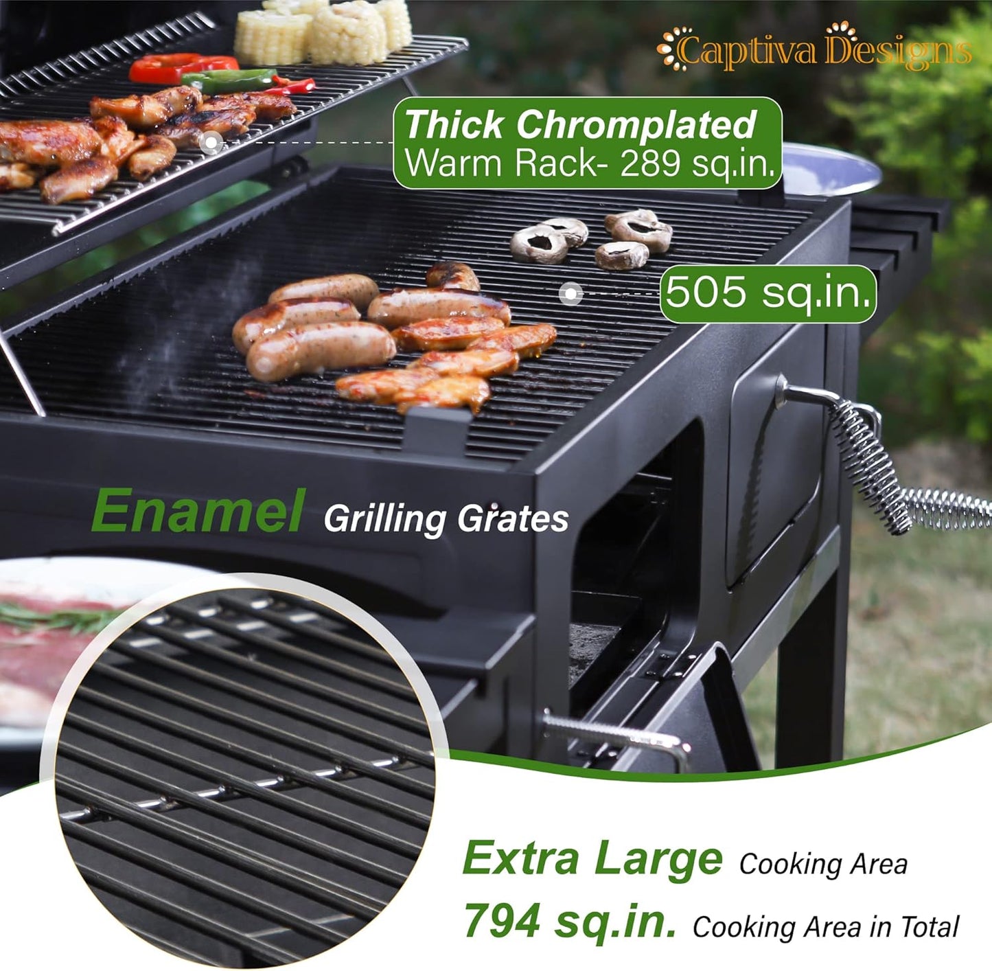 Captiva Designs Extra Large Charcoal BBQ Grill with Oversize Cooking Area(794 SQIN), Outdoor Cooking Grill with 2 Individual Lifting Charcoal Trays and 2 Foldable Side Tables