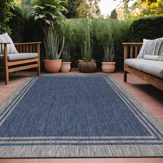 Bordered Outdoor Rug 9x12 Washable Outside Carpet for Indoor Patio Porch Waterproof Easy Cleaning Non Shedding Area Rugs Navy 9 x 12