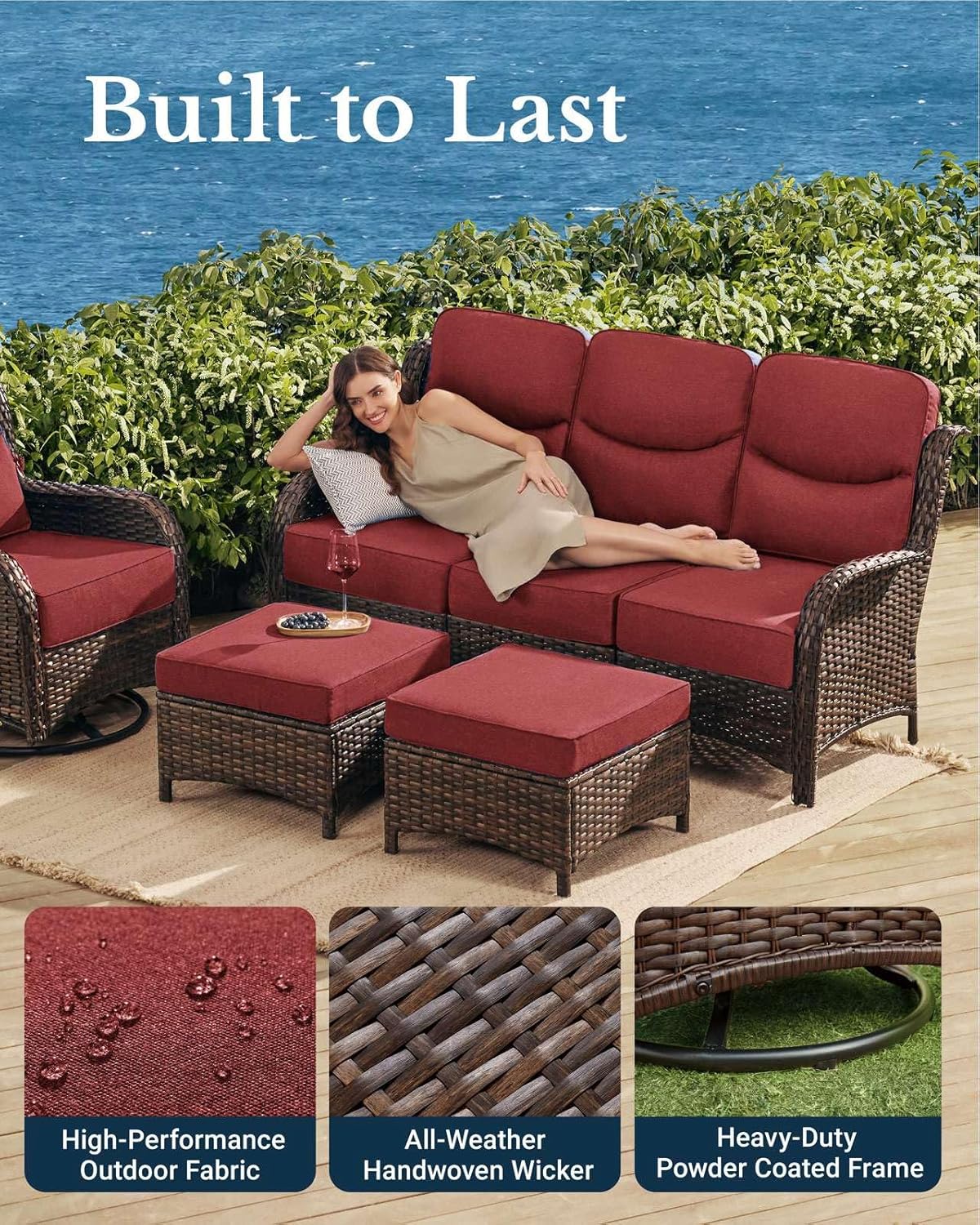 HILLGA Luxury Patio Furniture Set with 6-inch Thick Cushion, Outdoor Couch and High Back Swivel Rocker Patio Chairs, 6PCS Wicker Conversation Set for Deck Yard and Poolside, Burgundy (V2)