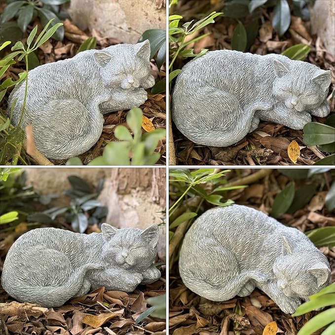 Cat Memorial Stones Garden Decor Statue Outdoor Statues, Cat Figurines Garden Sculpture Garden Decoration, Sleeping Tabby Decor for Patio, Porch and Lawn, Housewarming Gift for Mom
