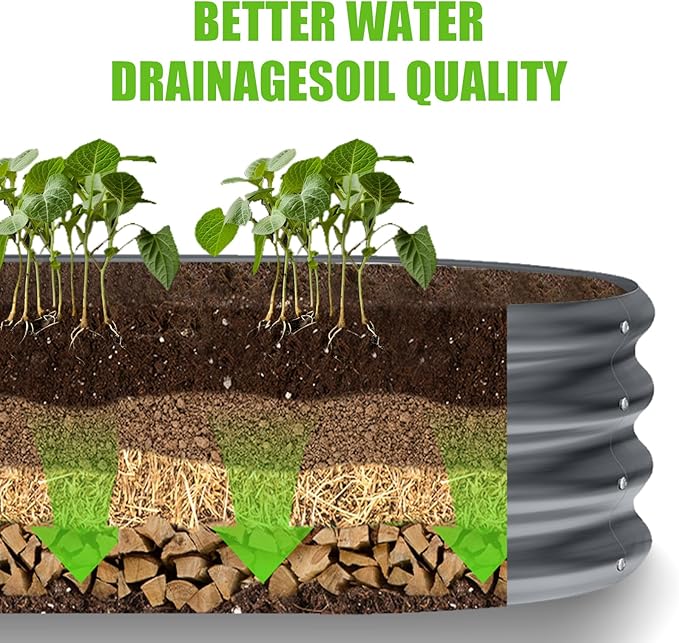 Land Guard 8×2×1ft Galvanized Raised Garden Bed Kit, 108 Gallon Capacity Raised Garden Boxes Outdoor, Oval Metal Raised Garden Beds for Vegetables, Modern Grey(with 10 Connecting rods)