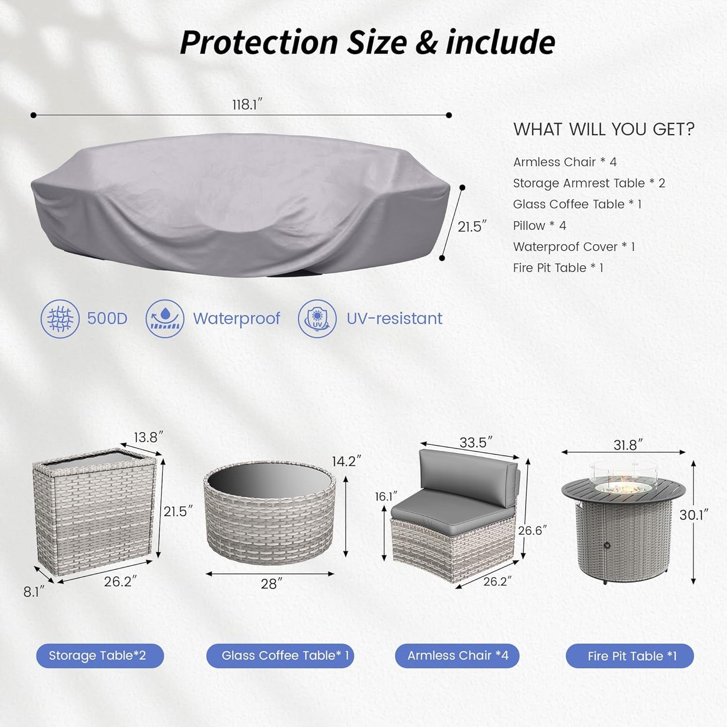 Patio Sectional Furniture Outdoor 8-Piece Grey Rattan Curved Sofa Set with Fire Pit Table,Storage Table,Pillows,Fit for Pool Backyard Balcony Porch Lawn (Grey)