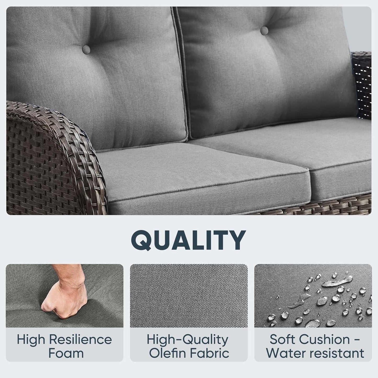 5 Piece Outdoor Patio Furniture Set with Deep Seating Swivel Rocker Chairs Loveseat and Rattan Coffee Table Outdoor Conversation Sets for Deck Backyard Poolside, Gray