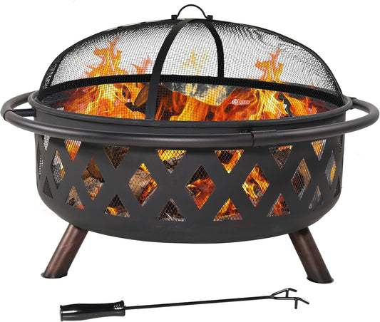Sunnydaze Crossweave Outdoor Fire Pit - Wood-Burning Fire Pit for Outside with Spark Screen, Poker and Round Cover - 36-Inch - Black