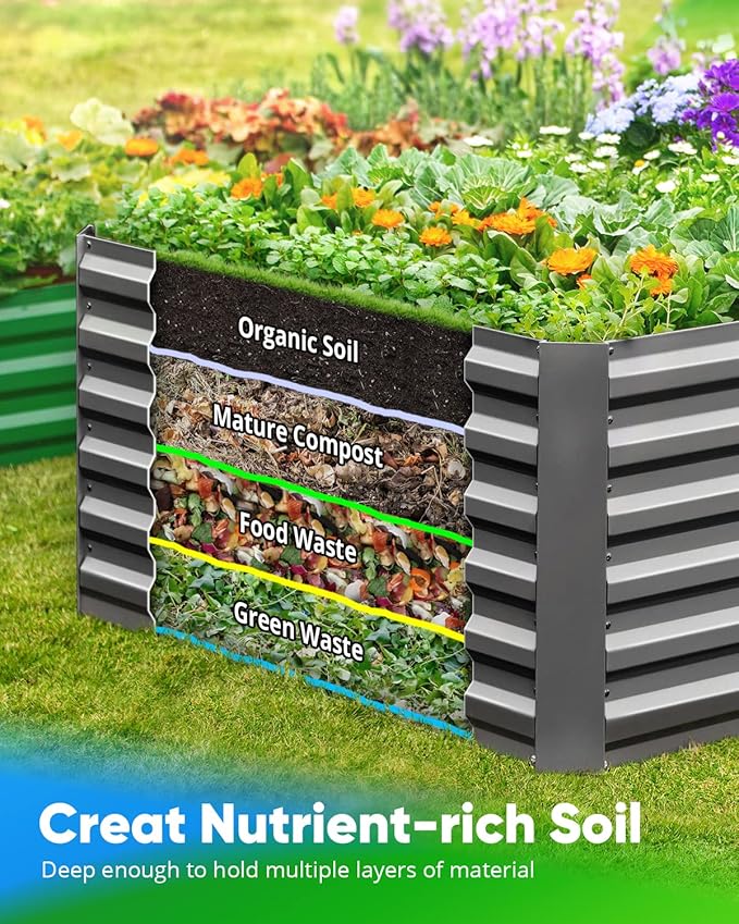 Quictent Galvanized Raised Garden Bed 8x4x2 Ft Tall Metal Planter Box for Vegetables Bottomless for Backyard, 2 Tomato Cages Included, 22.04" Deep, Dark Grey