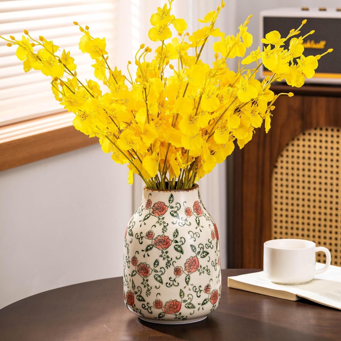 Green and Beige Vintage Round Vase, Red Rose Chinoiserie Floral Vase, Farmhouse Antique Decorative Ceramic Flower Vases for Bouquet, Home Decor, Living Room, Bookshelf, Office, Tuscan Decor 7.8 Inch