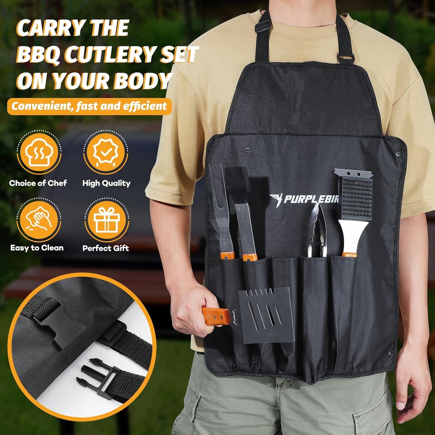 PURPLEBIRD Grill Utensils Set with Brush - 5pcs Grilling Tools Set with Bag Apron, Heavy Duty BBQ Tool Sets with Long Wood Handle, Stainless Grilling Accessories for Outdoor Grill