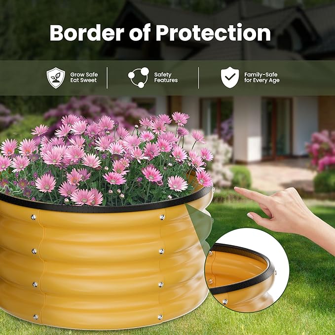 ZXZYHFTY Round Galvanized Raised Garden Bed kit,Yellow Outdoor Garden Raised Planter Box, Round Large Metal Raised Garden Beds for Vegetable 2 * 2 * 1ft 2 Pcs