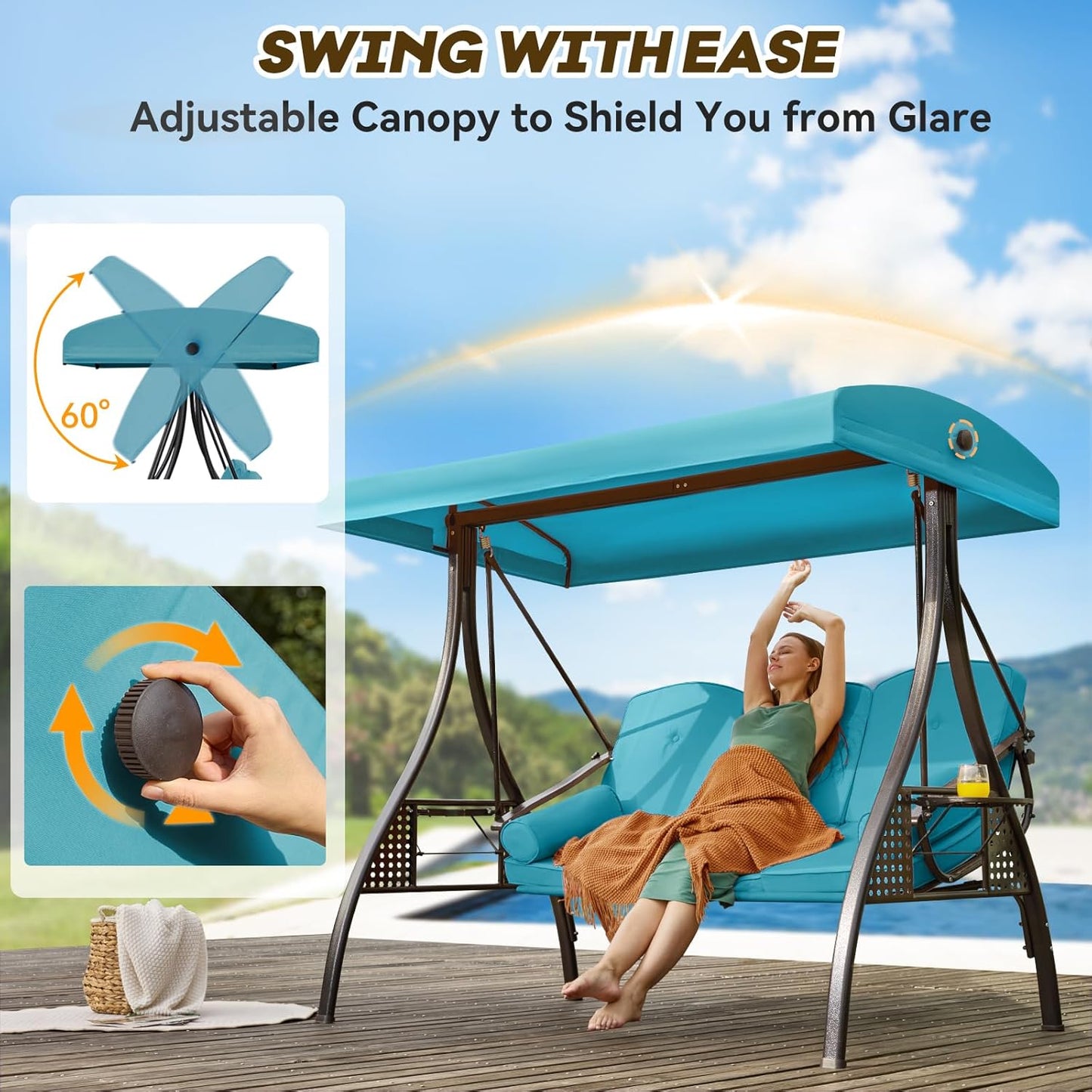 3 in 1 Outdoor Porch Swing with Adjustable Canopy, 3 Seat Outdoor Swing for Adults, Patio Swing Chair with Thickened Cushions,Pillows & Cup Holders for Backyard, Porch, Garden (Lake Blue)