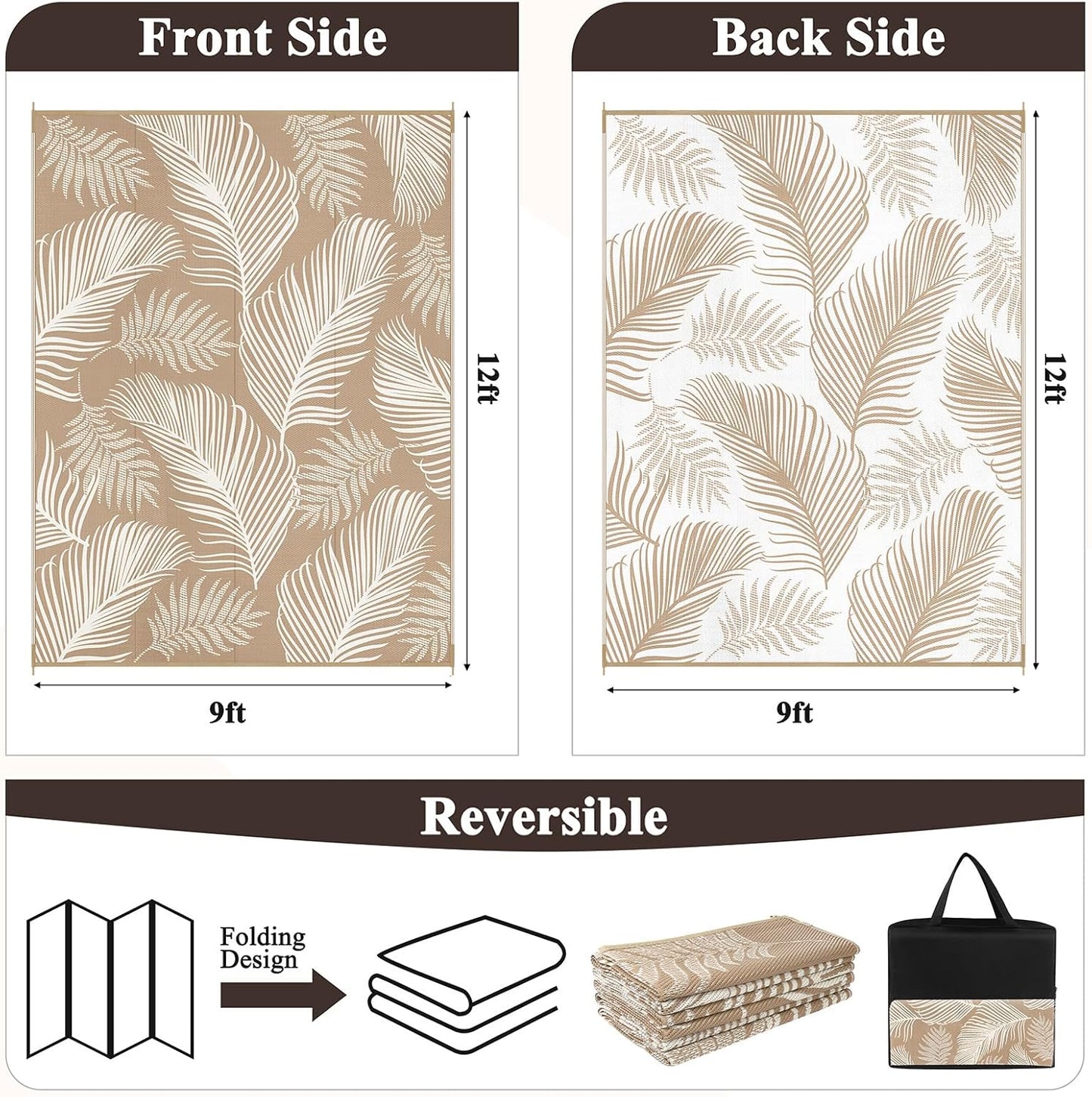 Pauwer Waterproof Outdoor Rug 9x12, Reversible Plastic Straw Patio Camping Rug, Indoor Outdoor RV Mat Carpet for Deck, Camper, Porch, Balcony, Backyard, Picnic, Leaf Brown