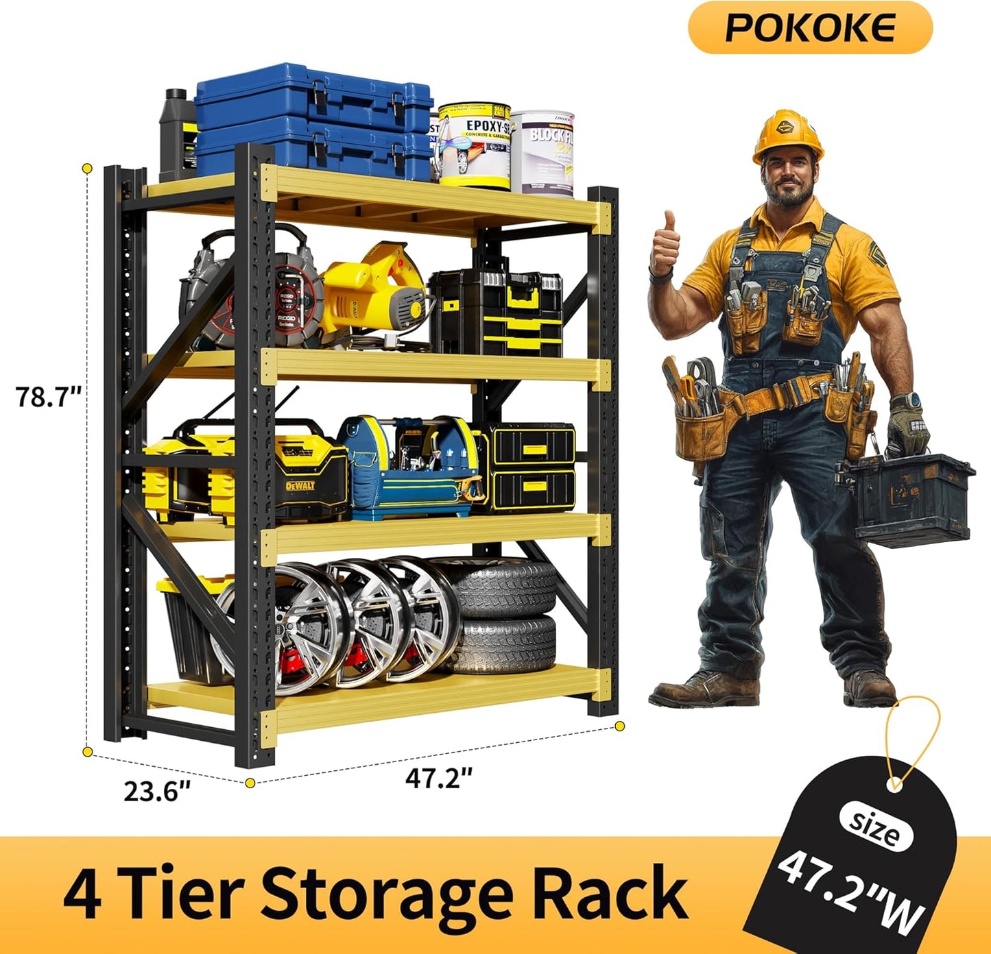 Garage Shelving Unit, 4 Tier Heavy Duty Racks, Easy Assembly, Metal Racks with Adjustable Shelves, 3000 LBS Load Capacity,for Warehouse,Basement (Black&Yellow, 23.6" D x 47.2" W x 78.7" H)