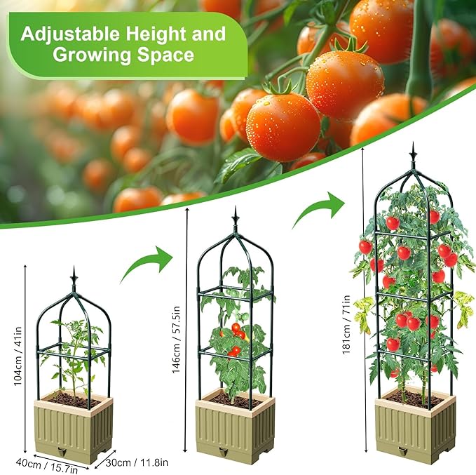 Raised Garden Bed Planter Box with Trellis, 71" Self-Watering Tomato Planter with Wheels for Climbing Vegetable and Plants, Tomato Cage Planters for Indoor Outdoor Patio Greenhouse Gardening (1Pack)
