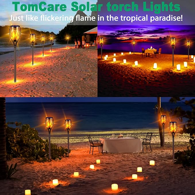 TomCare Solar Lights Upgraded, 43" Waterproof Flickering Flames 96 LED Torches Lights Outdoor Solar Landscape Decoration Lighting Dusk to Dawn Auto On/Off Pathway Lights for Garden Patio Driveway (4)