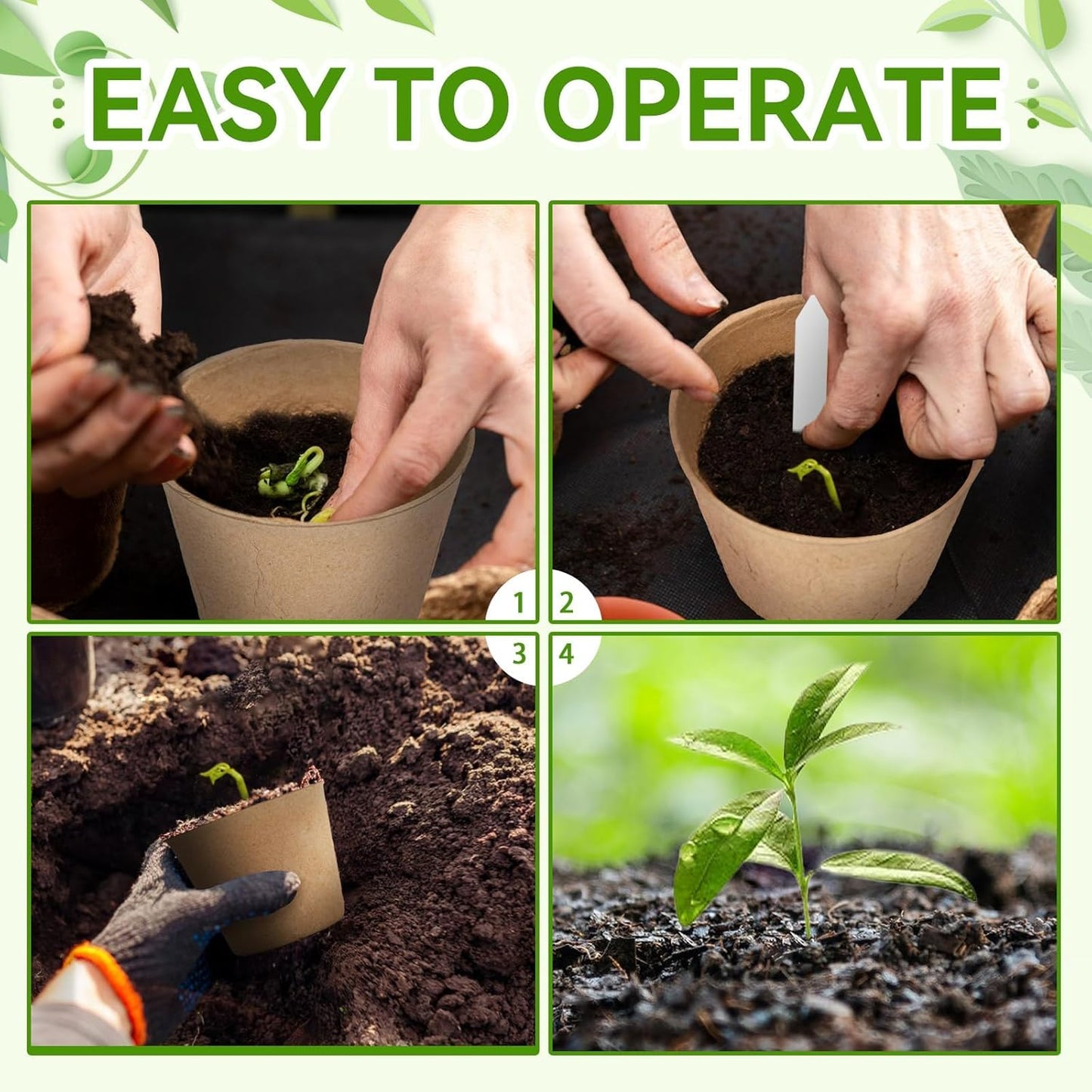 Augshy 4 Inch Peat Pots, 50 Pack Seed Starter Nursery Pots Round Plant Seedling with Drainage Holes for Garden Nursery Kits Seedlings Seed Starting Tray with 50 Plant Labels