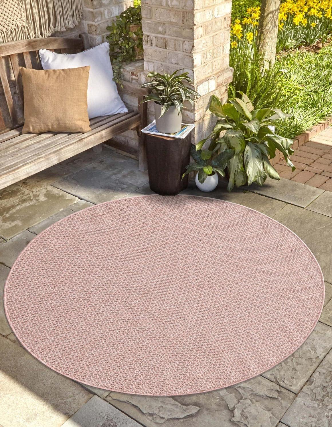 Unique Loom Collection Casual Transitional Solid Heathered Indoor/Outdoor Flatweave Area Rug (2' Round, Whisper Pink/Ivory)