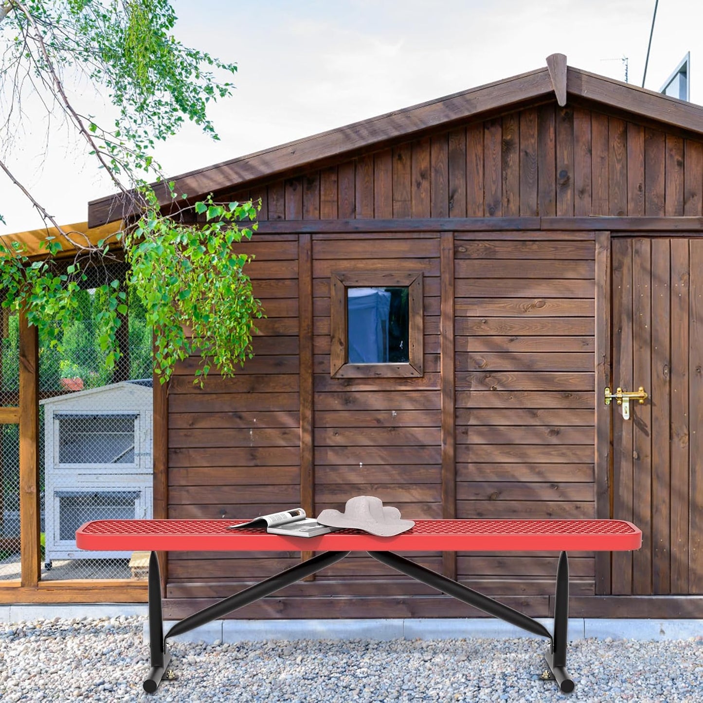 6 Feet Heavy Duty Metal Park Bench for Outside, Outdoor Bench with Portable Frame, Commercial Benches for Shopping Mall, Store, Park, Patio, Deck, Red