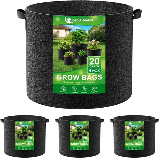 Land Guard 4-Pack Fabric Grow Bags 20 Gallon, Thickened Nonwoven Garden Pots, Growing Bags with Handles, Black