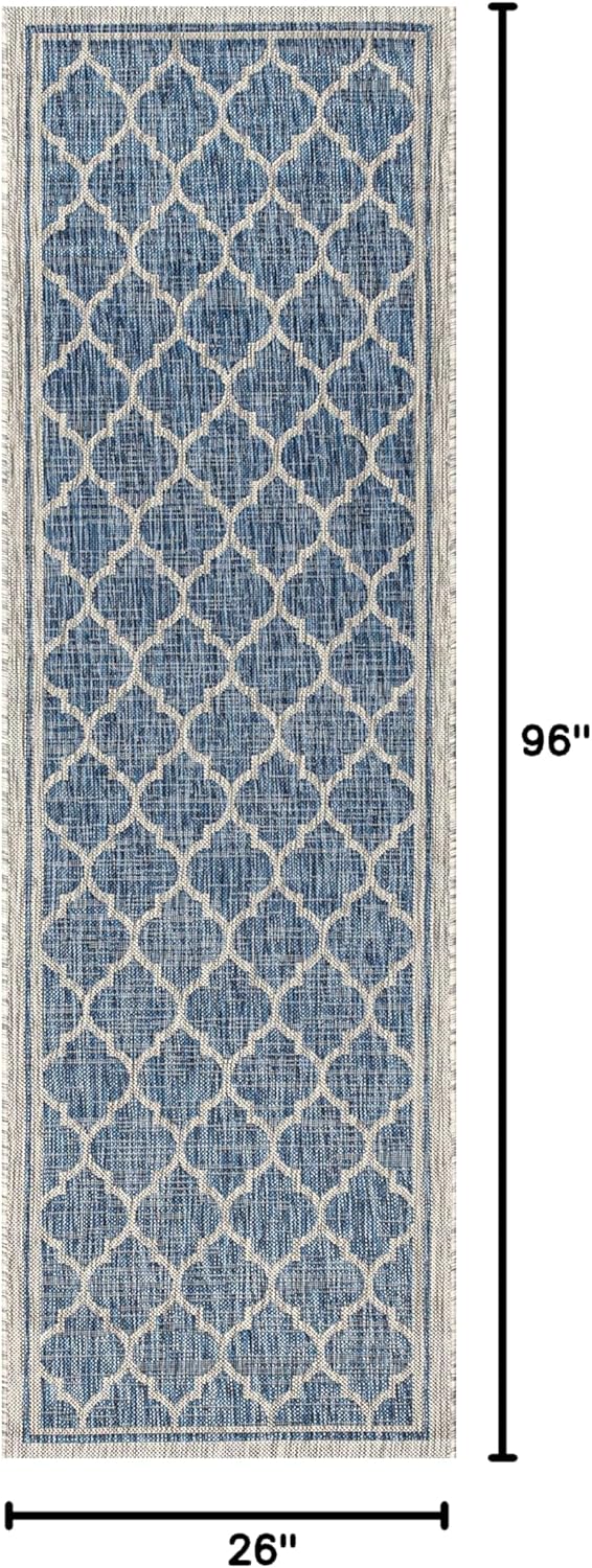 Eyely BMS109D-28 Santa Monica Trebol Moroccan Trellis Textured Weave Indoor/Outdoor Runner Rug Coastal;Bohemian, Bedroom, Backyard, Patio, Easy-Cleaning, Non-Shedding, 2 X 8, Navy/Gray