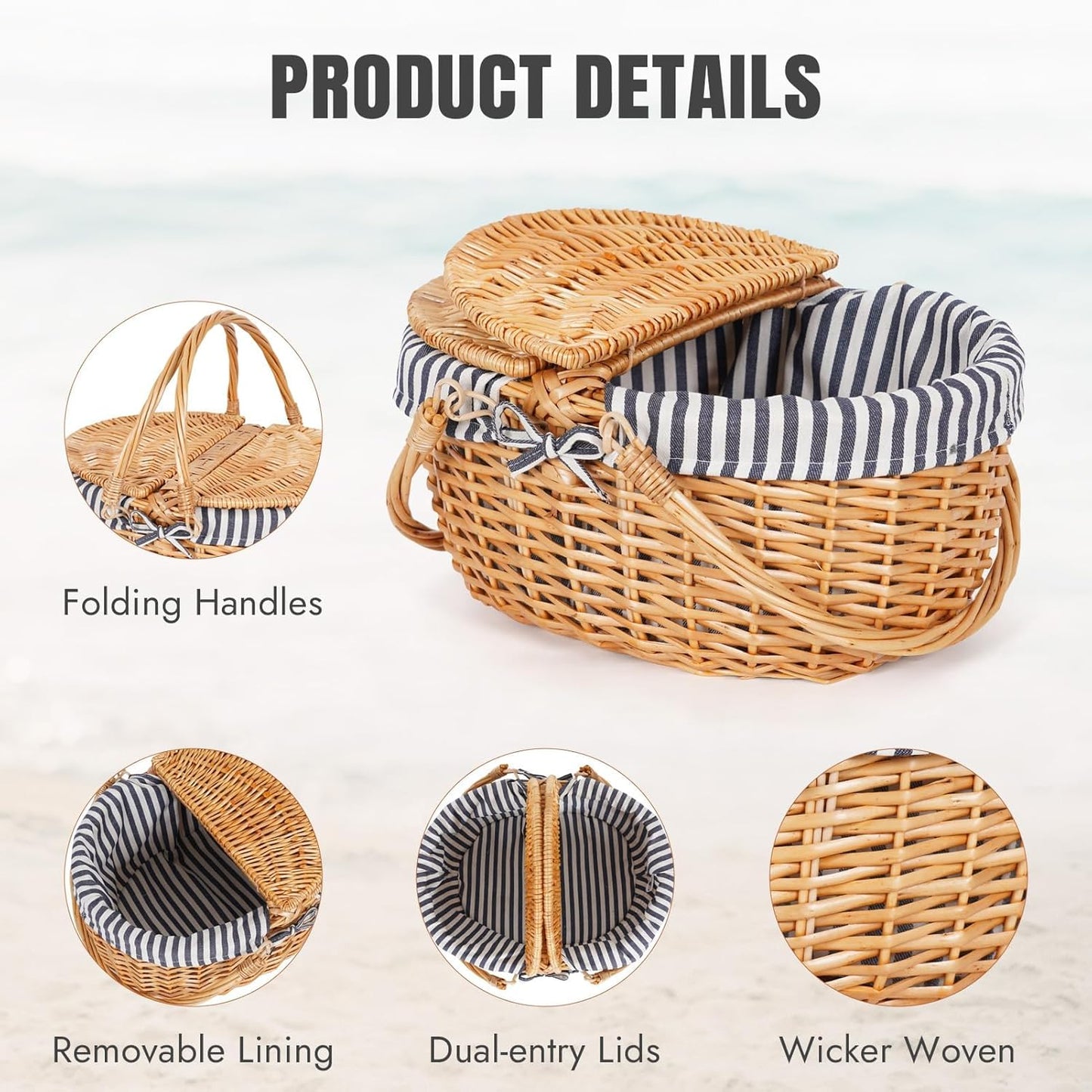 Happypicnic Wicker Picnic Basket with Handle, 15" Large Empty Picnic Basket with Lid & Removable Liner, Vintage Hand Woven Basket for Picnics, Camping, Veg Picking, Mother'S Day, Thanksgiving (Stripe)