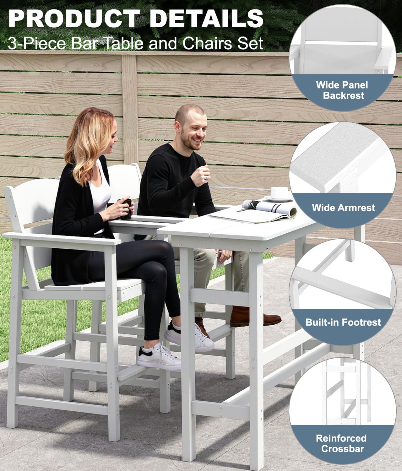 Bar Height Patio Table and Chairs Set, 3-Piece HDPE Outdoor Adirondack Bar Chairs and Patio Table, All-Weather Patio Furniture for Poolside, Backyard, Garden, High Top Patio Bar Set, White