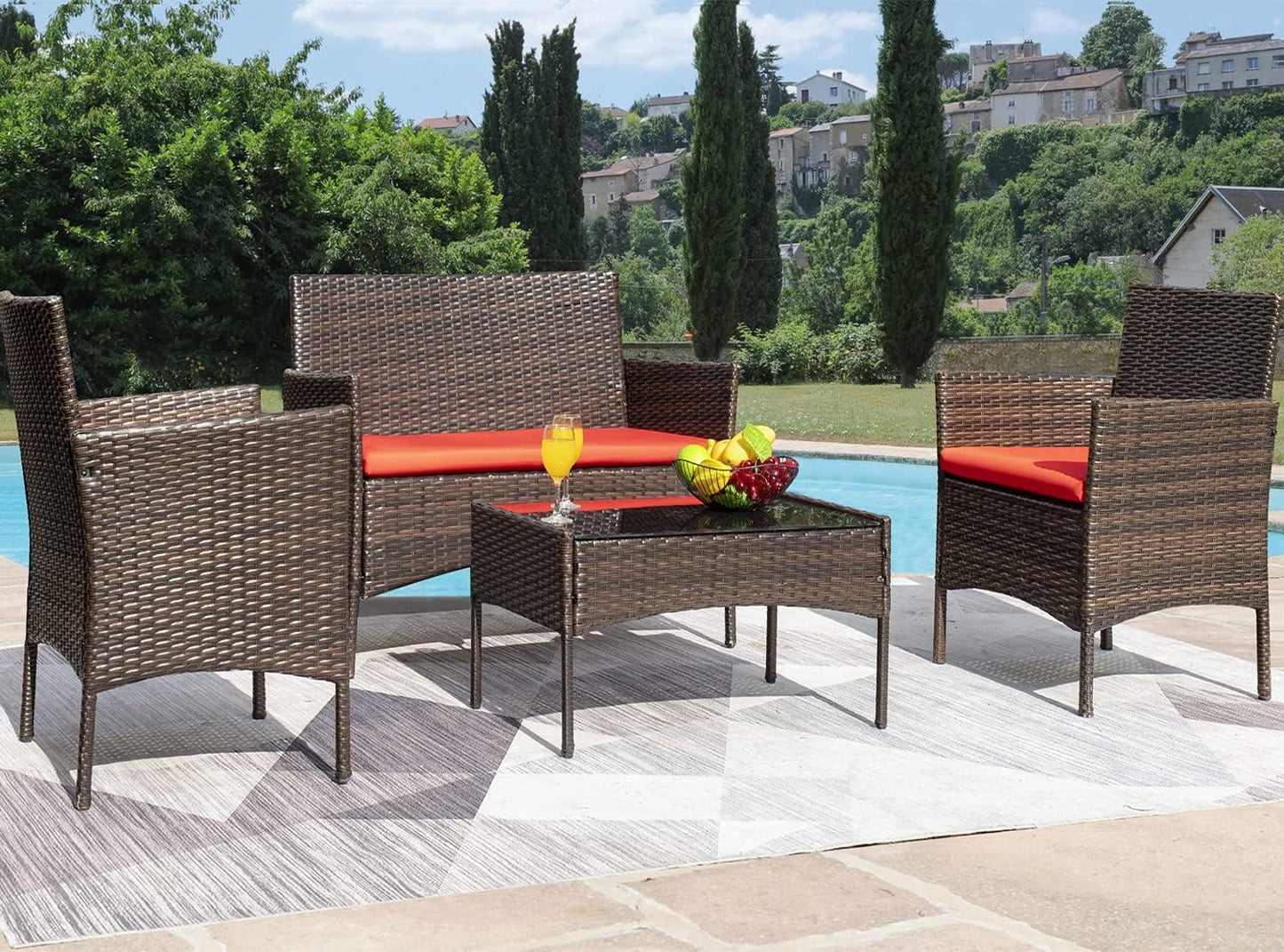 Greesum Patio Furniture 4 Pieces Conversation Sets Outdoor Wicker Rattan Chairs Garden Backyard Balcony Porch Poolside loveseat with Soft Cushion and Glass Table, Brown and Red