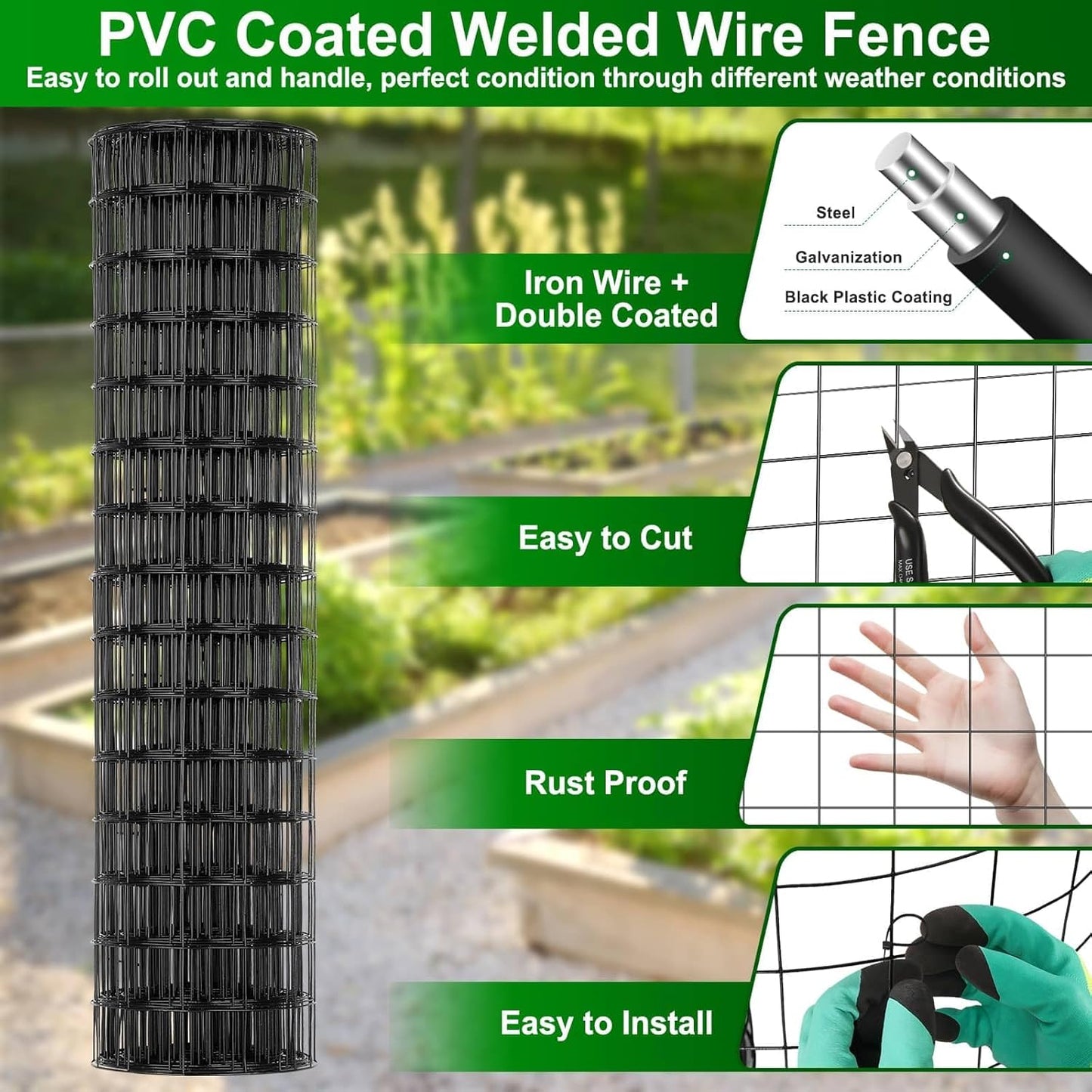 Black PVC Coated Welded Wire Fence 36 Inch x 59 Foot, 2.4" x 2.4" 15GA Garden Wire Fenceing Vinyl Coated Metal Wire Mesh Roll for Yard Vegetable Plant Protection Outdoor Dogs Chicken Poultry Netting