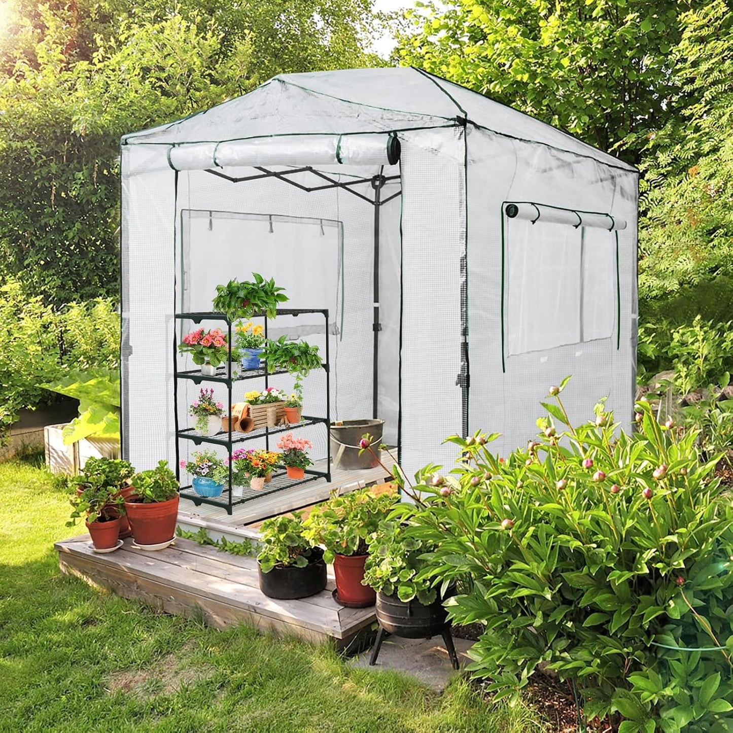 EAGLE PEAK Instant Pop-up Greenhouse, Indoor Outdoor Plant Gardening Green House, Roll-Up Zipper Doors and Side Windows, Walk in 8x6 ft, White/Clear
