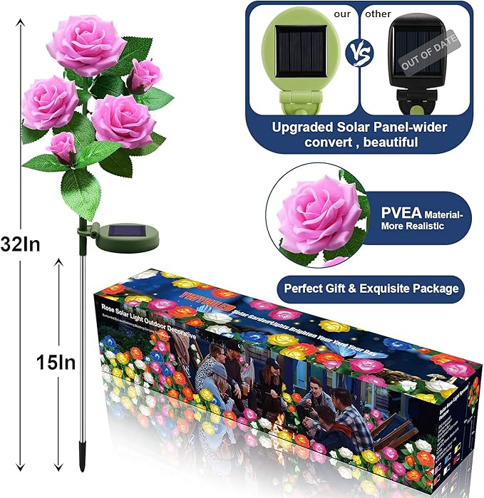 Solar Flower Lights Outdoor - Upgraded New Material Two Modes Realistic LED Solar Powered Waterproof Lights with 5 Roses, Solar Decorative Stake Lights for Garden (Pink, 1 Pack)
