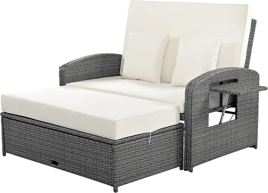 43.7” Patio Rattan Daybed Set, PE Wicker Rattan Double Chaise Lounge, 3-Level Adjustable Back and Cushions, Free Furniture Protection Cover, White