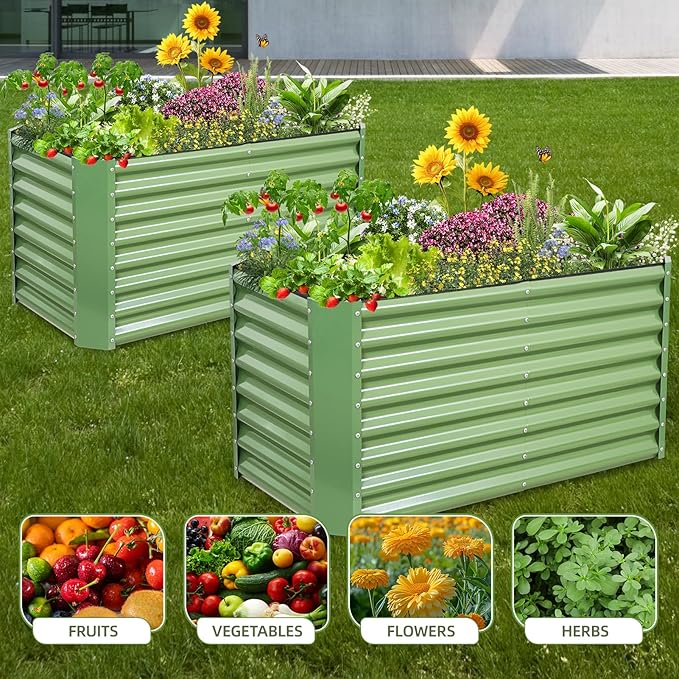 4x2x2ft (2 Pack) Raised Garden Bed - Galvanized Deep Root Planter Boxes Outdoor with Wing Nuts and Safety Edges for Gardening Vegetables, Flowers, Herbs, Succulents - Olive Green