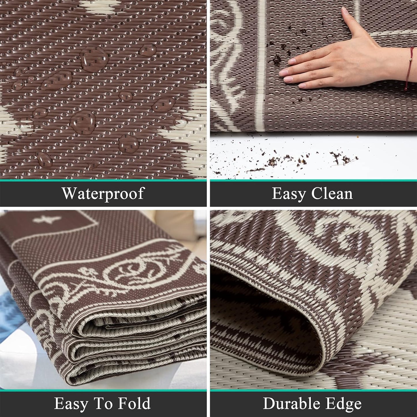 Pauwer Waterproof Outdoor Rug 6x9, Reversible Plastic Straw Patio Camping Rug, Indoor Outdoor RV Mat Carpet for Deck, Camper, Porch, Balcony, Backyard, Picnic, Bordered Brown