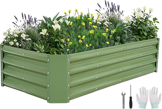 Galvanized Raised Garden Bed - 4x2x1ft Metal Garden Planter Box Outdoor | Steel Raised Bed Kit with Bracing Rods, Gloves for Gardening Vegetables Fruits and Flowers (Oliver Green)