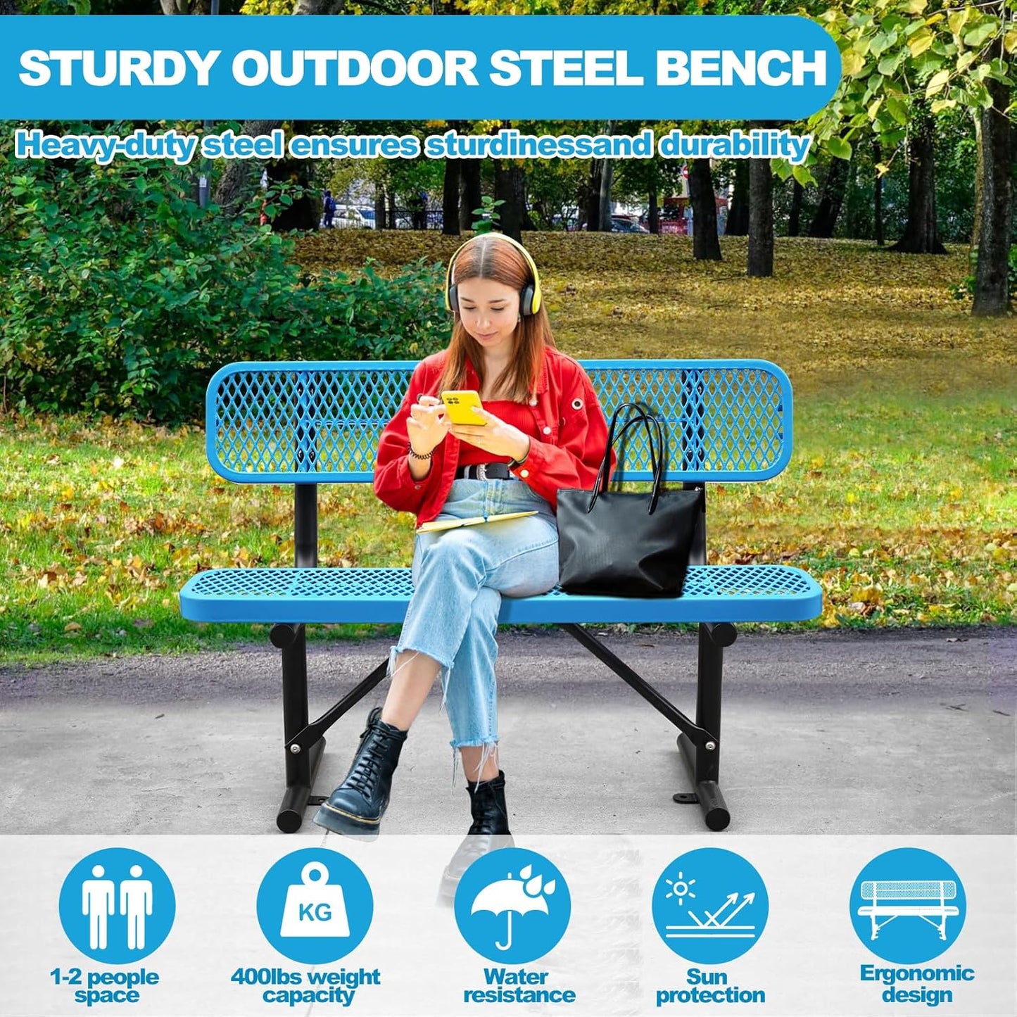 4Ft Outdoor Bench with Back Portable Frame, Outdoor Steel Park Bench with Backrest, Expanded Metal Mesh Bench for Outside, Lawn, Backyard, Park, Garden, Patio, Porch, Bule