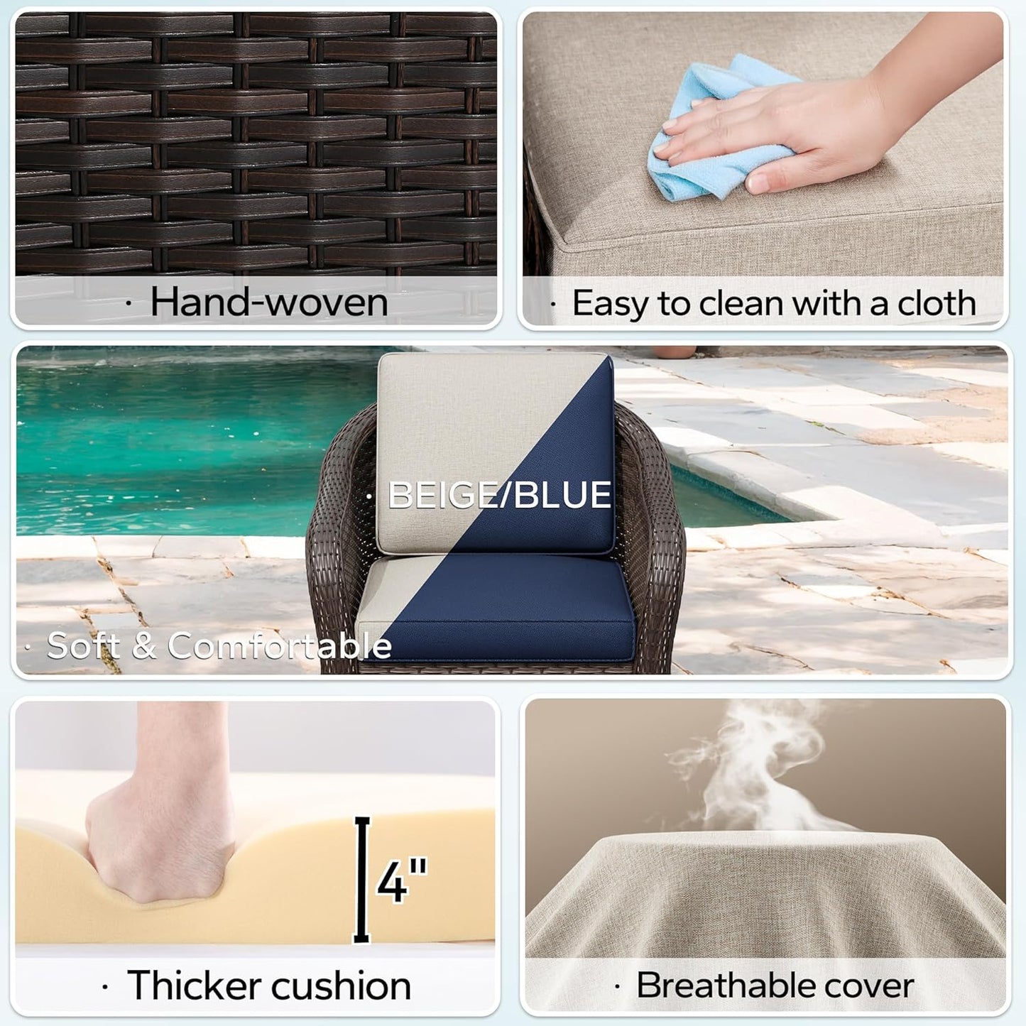 4 Pieces Patio Outdoor Conversation Furniture Set with Cushions, All-Weather Wicker Ottomans, PE Rattan 2 Chairs for Backyard, Deck, Lawn (Beige)