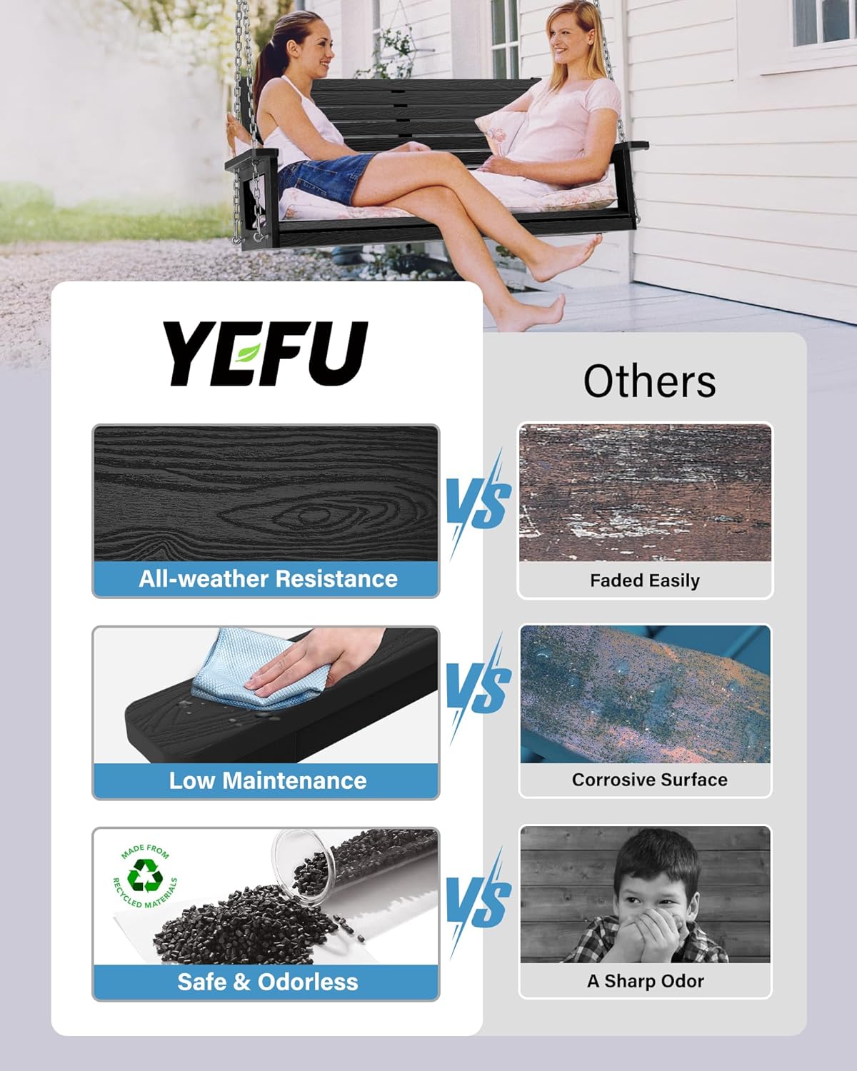 YEFU Hanging Porch Swing Set of 2,2-Seat Patio Swing Bench,All-Weather Swing Chair with Hanging Chains,Look Like Real Wood,for Garden and Courtyard,800LBS Weight Capacity,4FT,Black