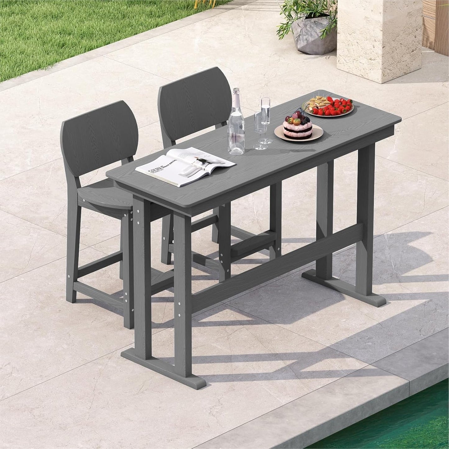 3-Piece Outdoor Patio Bar Table and Chairs Set, All-Weather HDPE High Top Table with 2 Armless Bar Stools, HDPE Bar Furniture Set for Outside, Poolside, Backyard, Garden (Grey)